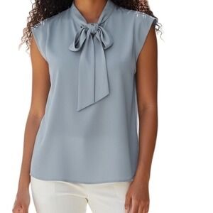 ELIZABETH & CLARKE The Unstainable Charles Sky Blue Bow Neck Blouse EUC Size 6